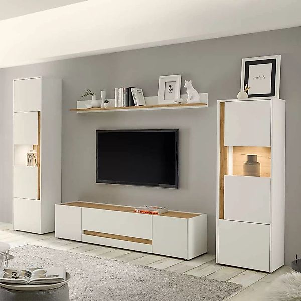 Wohnzimmerwand in Wildeichefarben und Weiß modernem Design (vierteilig) günstig online kaufen