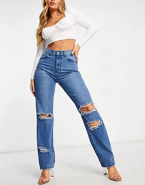 Femme Luxe – Weit geschnittene Jeans mit Rissen in Mittelblau günstig online kaufen