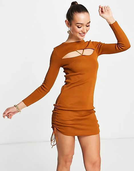 Trendyol – Minikleid in Rostrot mit seitlicher Raffung und Zierausschnitten günstig online kaufen
