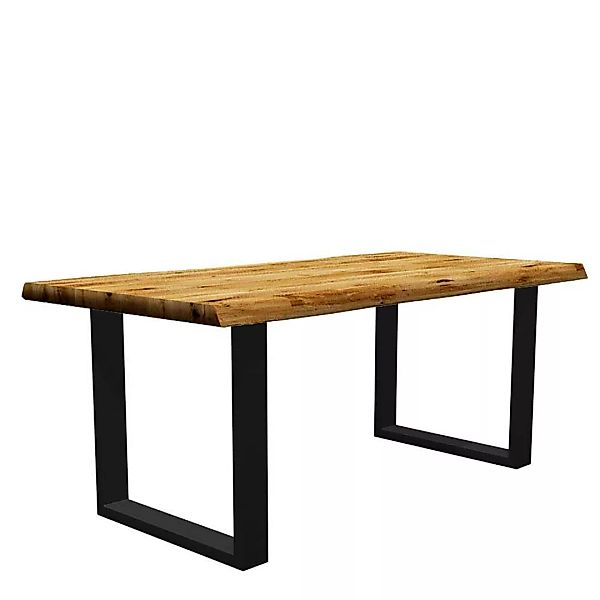 Tisch mit Baumkante und Bügelgestell Eiche Massivholz und Metall günstig online kaufen