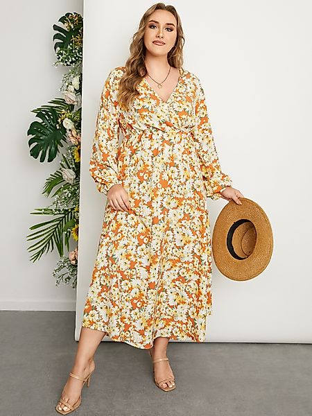 YOINS Plus Size V-Ausschnitt Blumendruck Kleid mit gekreuzter Vorderseite günstig online kaufen