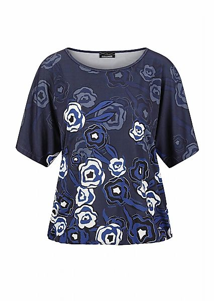 GOLDNER Kurzarmshirt "Kurzgröße Florales Oberteil in Blau mit Halbarm" Gumm günstig online kaufen