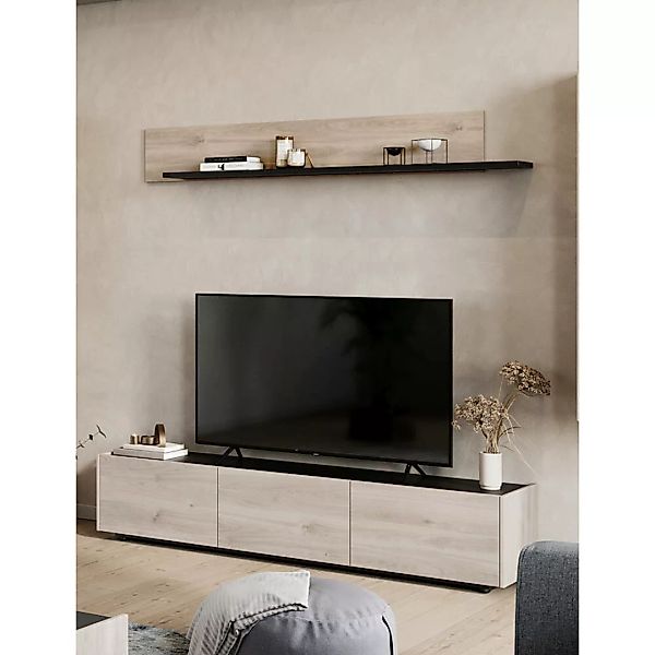 Wohnwand CALAIS-01 in Eiche Nb. mit schwarz, modern, 2-teilig mit TV-Lowboa günstig online kaufen