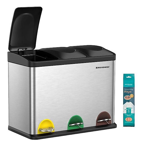 Songmics Mülleimer Petaja 3 Fächer x 15, Silber-Schwarz günstig online kaufen