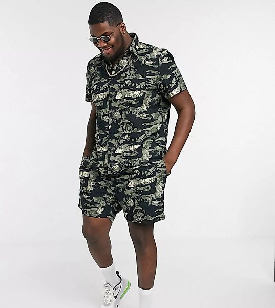 New Look Plus & Tall – Kurzärmliges Hemd aus Ripstop-Material mit Military- günstig online kaufen