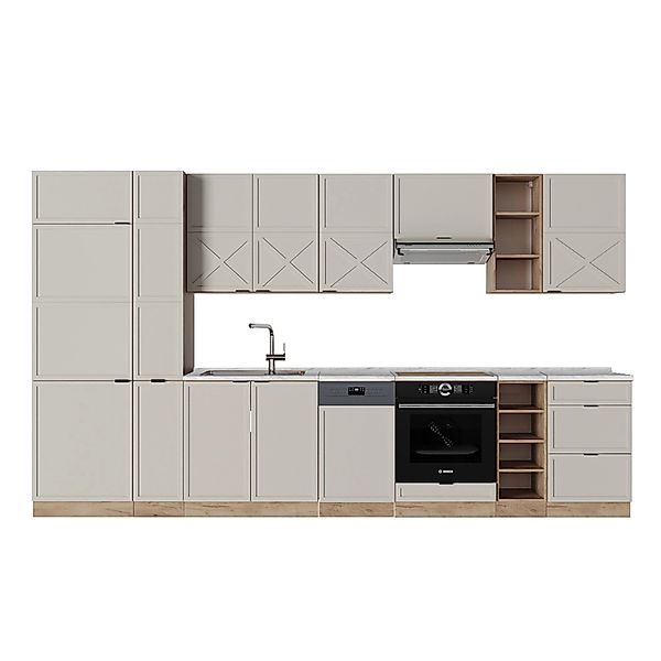 Vicco Fame-Line Küchenzeile GrauBeige/Goldkraft Eiche 355 cm AP Marmor günstig online kaufen