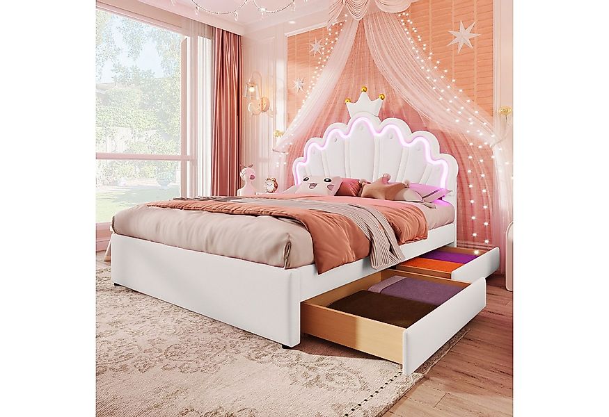 Ulife Polsterbett Funktionsbett kronenförmiges Prinzessinnenbett mit 2 Schu günstig online kaufen