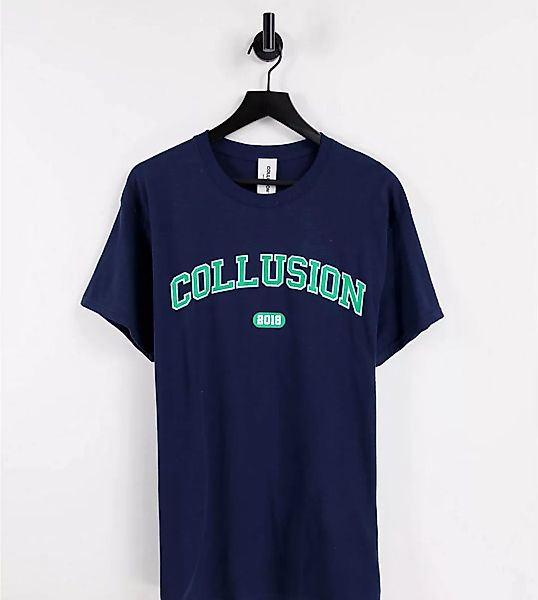 COLLUSION – T-Shirt mit College-Print in Dunkelblau-Marineblau günstig online kaufen