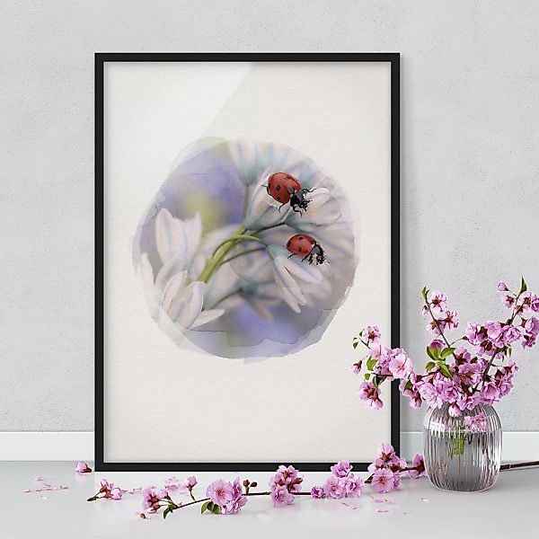 Bild mit Rahmen Tiere - Hochformat Wasserfarben - Marienkäfer Paar günstig online kaufen
