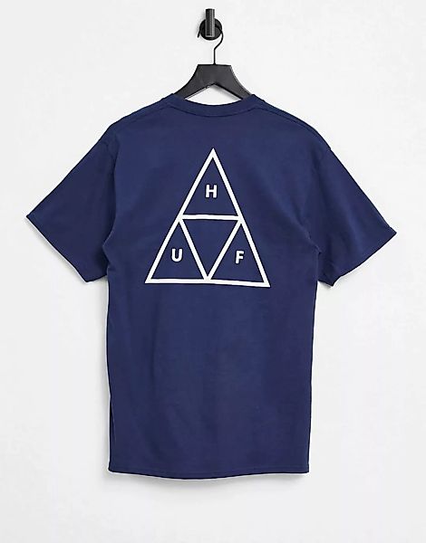 HUF – Essentials – T-Shirt in Marineblau mit dreigeteiltem Dreieck-Logo günstig online kaufen