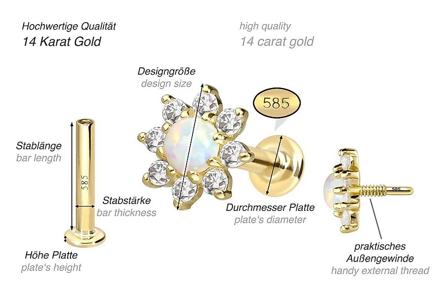 PIERCINGLINE Piercing-Set 14 Karat Gold Labret mit Innengewinde MOISSANIT-B günstig online kaufen