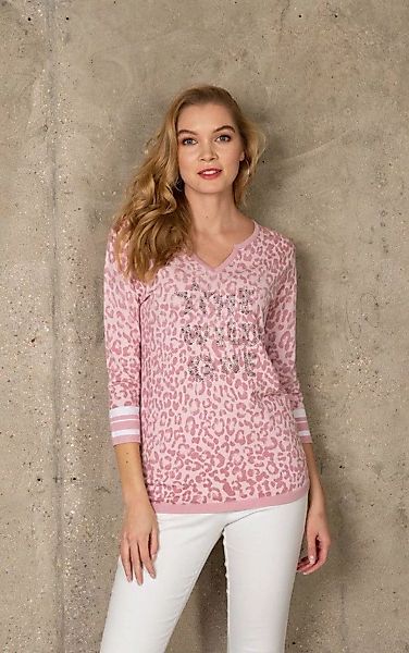 Passioni 3/4 Arm-Pullover mit Leopardenprint in rosa Splitneck, Leo- Print, günstig online kaufen