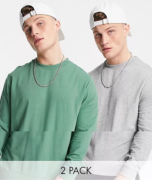 ASOS DESIGN – Leichte Sweatshirts im 2er-Pack, Grün/Kalkgrau-Mehrfarbig günstig online kaufen
