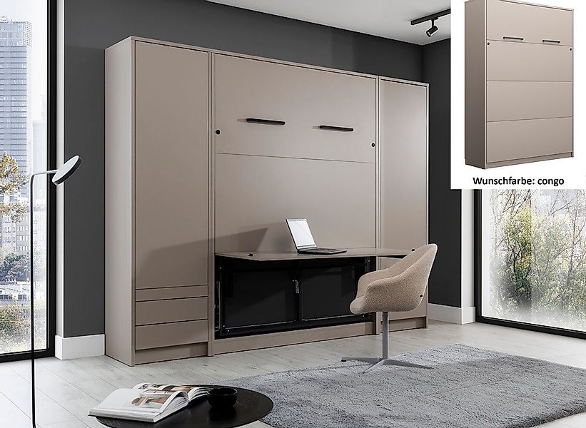 QMM TraumMöbel Schrankbett Wandbett GN 140x200 mit LED, Schreibtisch & 2 Sc günstig online kaufen