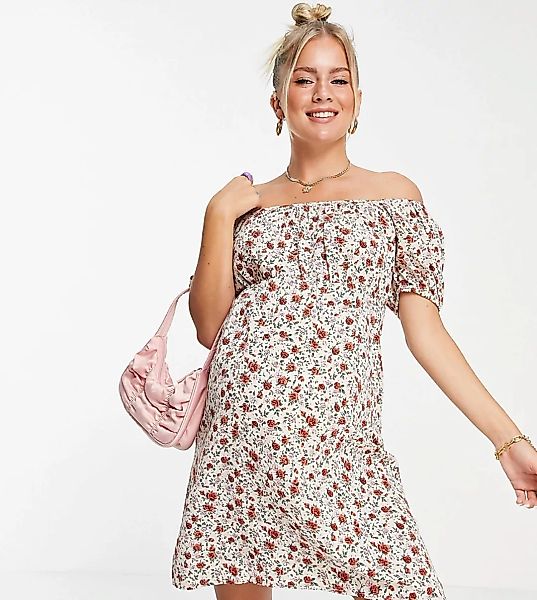 Mamalicious – Milkmaid-Minikleid in Weiß geblümt, Umstandsmode-Mehrfarbig günstig online kaufen
