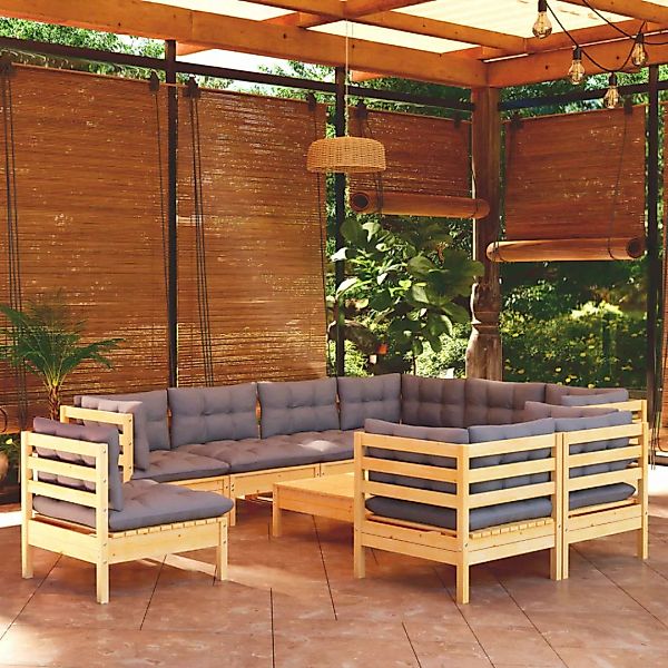 10-tlg. Garten-lounge-set Mit Grauen Kissen Kiefer Massivholz günstig online kaufen