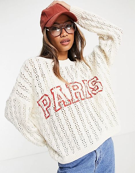 Only – Oversize-Pullover in Creme mit durchbrochenem Strickmuster und „Pari günstig online kaufen