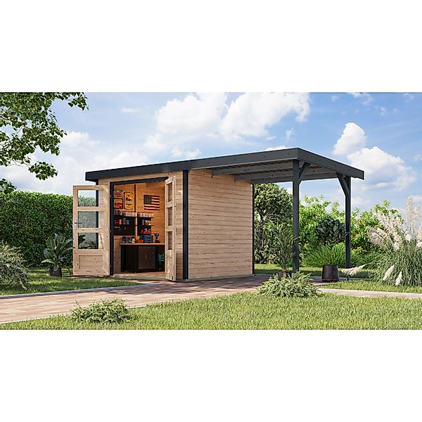 Karibu Gartenhaus Ernesto 3 A m. Anbaudach Natur/Anthrazit 209 x 238 x 213 günstig online kaufen