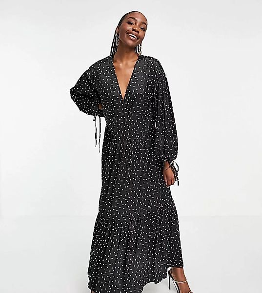 ASOS DESIGN Tall – Maxi-Hängerkleid aus Satin mit schwarzweißem Punktemuste günstig online kaufen