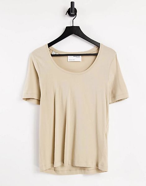 Selected Femme ‑ T-Shirt aus Bio-Baumwolle mit Rundhalsausschnitt in Beige- günstig online kaufen