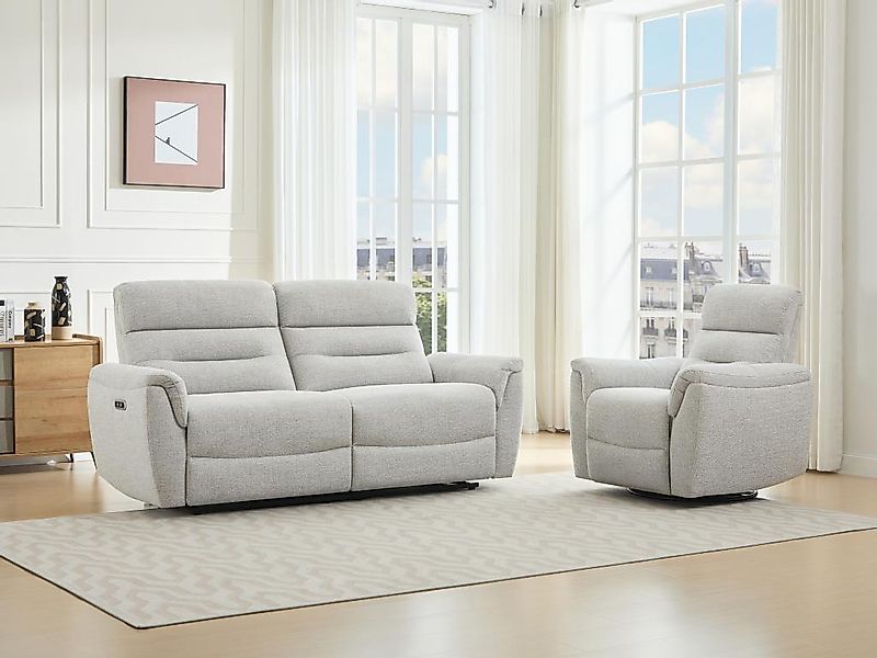 3-Sitzer Sofa + elektrischer Relaxsessel - Strukturstoff - Hellgrau - BREVI günstig online kaufen