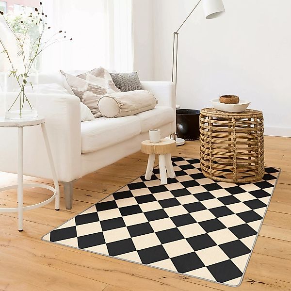 Teppich Geometrisches Muster gedrehtes Schachbrett Schwarz Beige günstig online kaufen