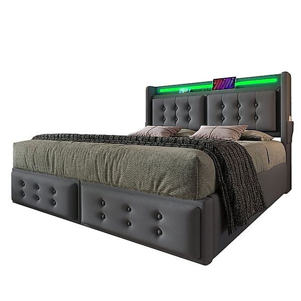Flieks Polsterbett, LED Doppelbett 160x200cm mit Ladefunktion und 4 Schubla günstig online kaufen