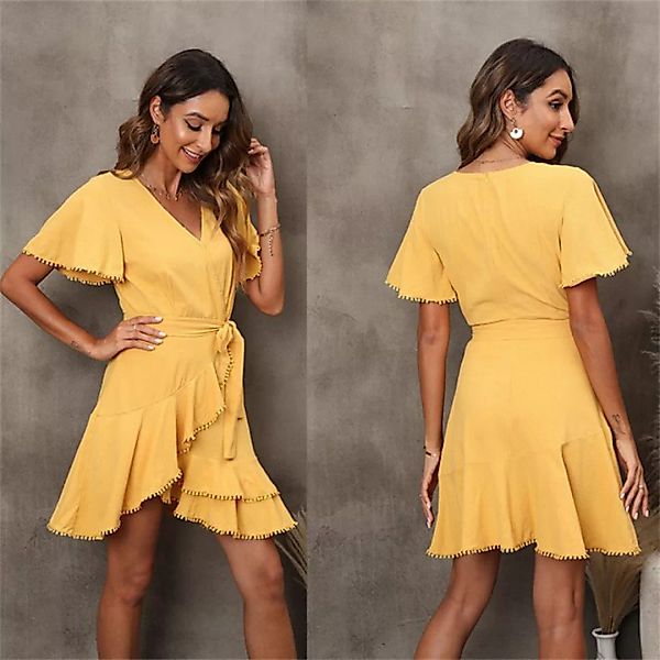 RUZU UG Abendkleid Kleid Neuer Damen-Midirock mit V-Ausschnitt, einfarbig, günstig online kaufen