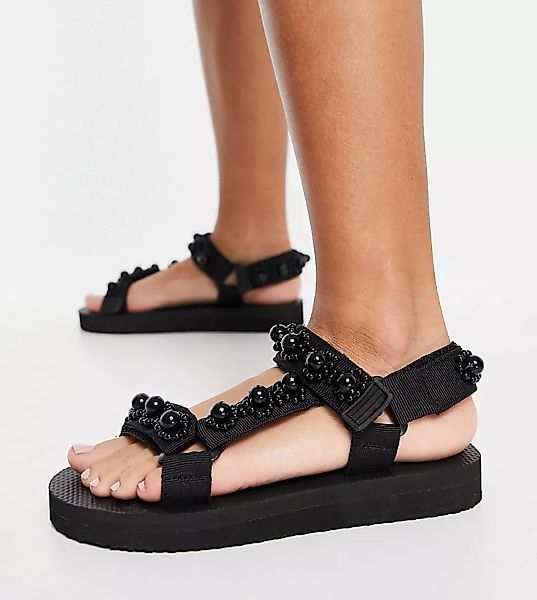Glamorous Wide Fit – Sportliche Sandalen mit Perlendetail in Schwarz günstig online kaufen