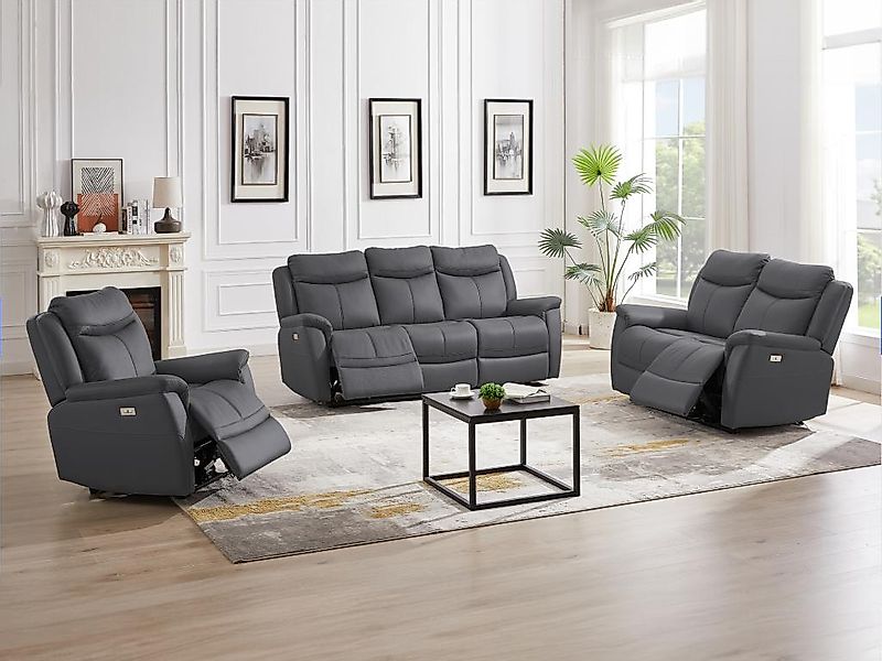 Relaxsofa 3-Sitzer, 2-Sitzer & Relaxsessel elektrisch - Rindsleder - Anthra günstig online kaufen