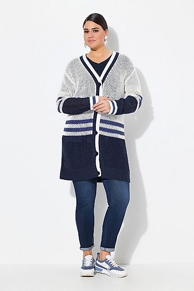 Ulla Popken Strickjacke Long-Strickjacke Streifen V-Ausschnitt Langarm günstig online kaufen