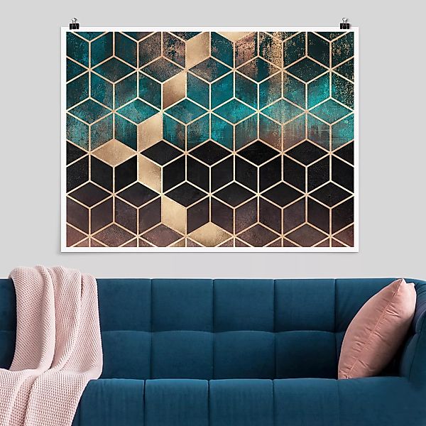 Poster Abstrakt - Querformat Türkis Rosé goldene Geometrie günstig online kaufen