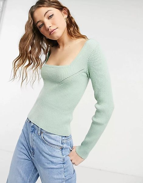 ASOS DESIGN – Gerippter Pullover mit eckigem Halsausschnitt in Salbeigrün günstig online kaufen