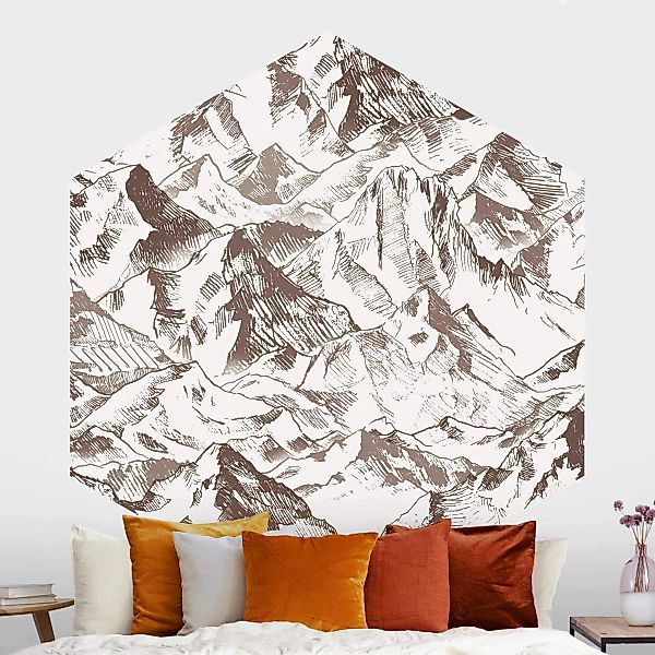 Hexagon Fototapete selbstklebend Illustration Berglandschaft Sepia günstig online kaufen