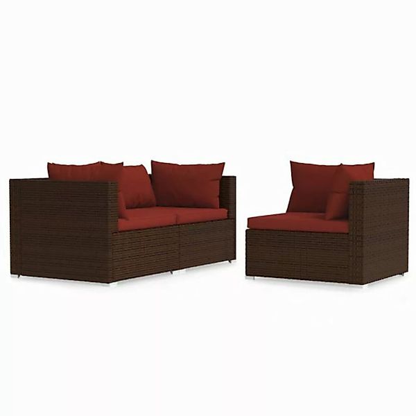 vidaXL Sofaelement 3-tlg. Garten-Lounge-Set mit Kissen Braun Poly Rattan (1 günstig online kaufen