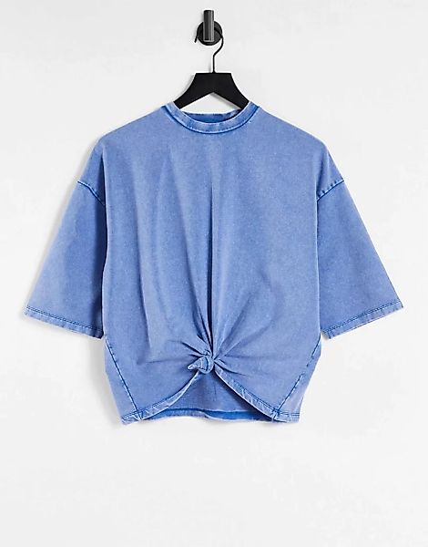 Chelsea Peers – Lounge-T-Shirt in blauer Acid-Waschung mit Zierknoten vorne günstig online kaufen