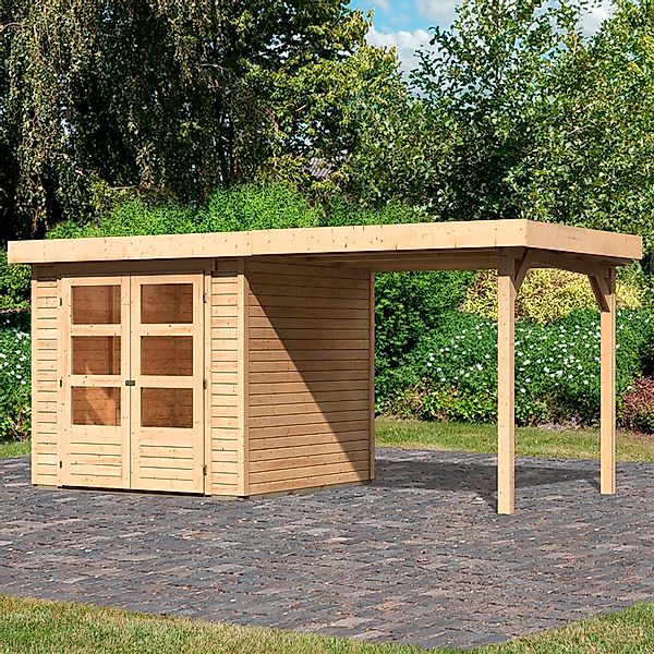 Karibu Gartenhaus "Arnis" mit Anbaudach 2,40 m Breite günstig online kaufen