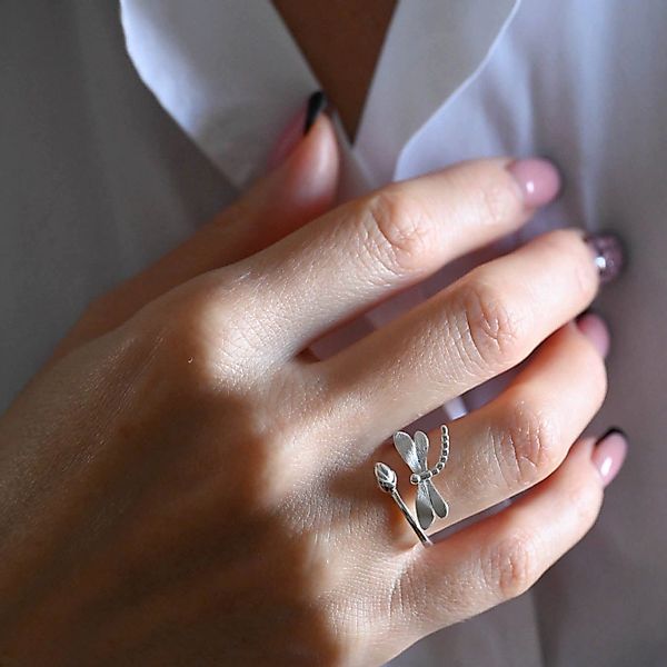 Runde Perlé Silberring Zarte Libelle, handgefertigter günstig online kaufen