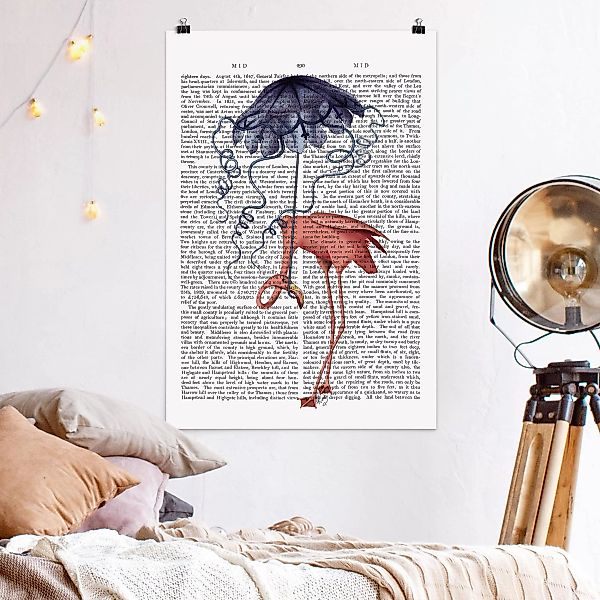 Poster - Hochformat Tierlektüre - Flamingo mit Regenschirm günstig online kaufen