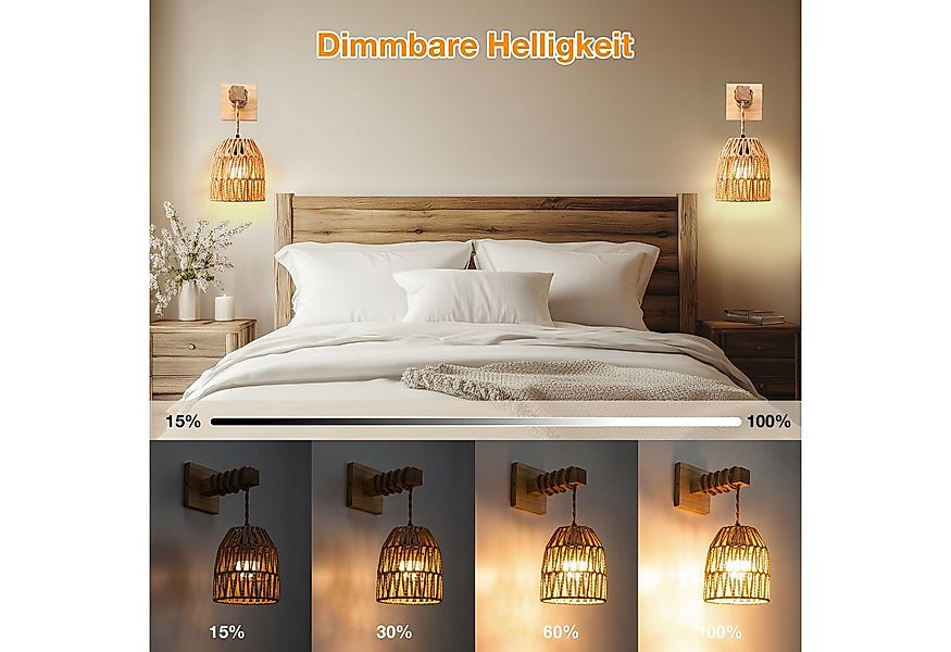 Rosnek Wandleuchte Innen Retro Wandlampe LED aus Rattan Wiederaufladbar Akk günstig online kaufen