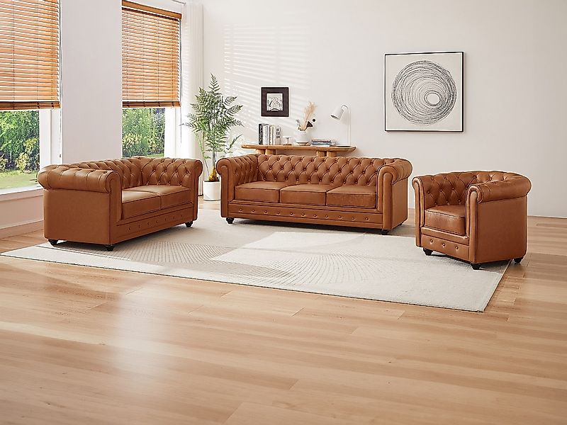 Sofa 3-Sitzer, 2-Sitzer & Sessel - Rindsleder - Camelfarben - CHESTERFIELD günstig online kaufen
