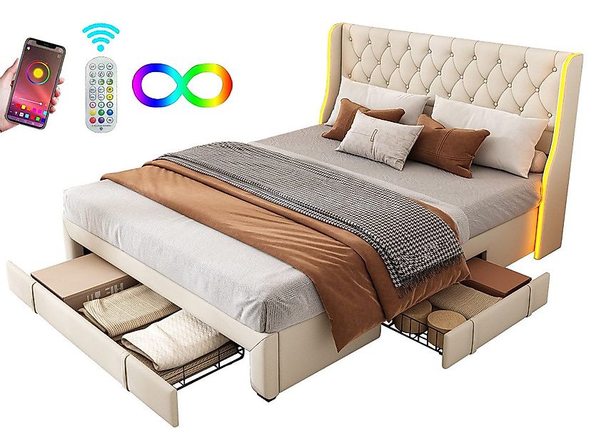 FUROKOY Polsterbett Doppelbett Stauraumbett mit LED-Beleuchtung günstig online kaufen