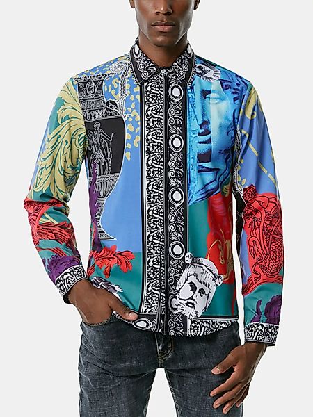 Herren Allover Colorful Mixed Pattern Print Revers Tägliche Langarmhemden günstig online kaufen