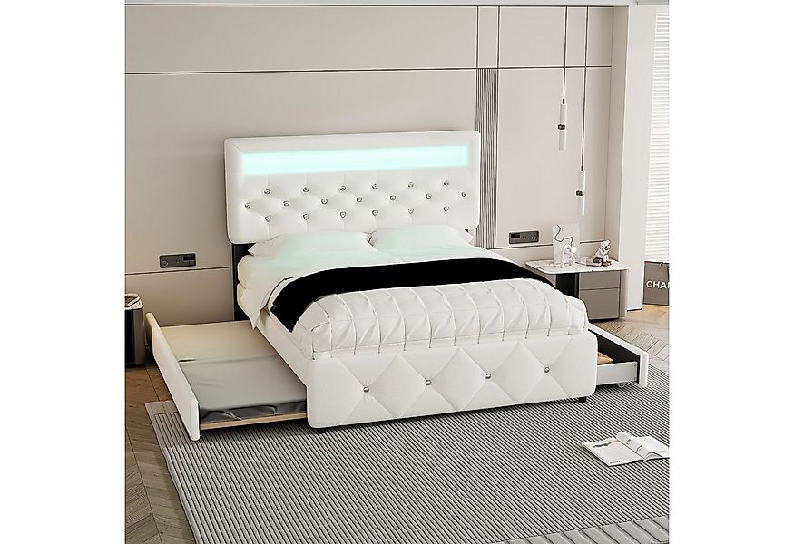 Flieks Polsterbett, LED Doppelbett 140x200cm mit 2 Schubladen, Ausziehbett günstig online kaufen