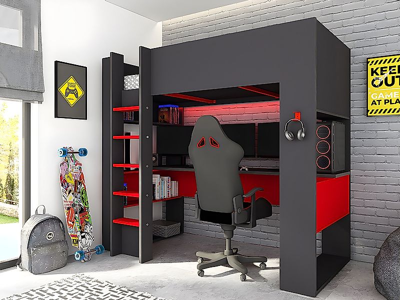 Hochbett mit Gaming-Schreibtisch & Stauraum + LEDs + Matratze - 90 x 200 cm günstig online kaufen