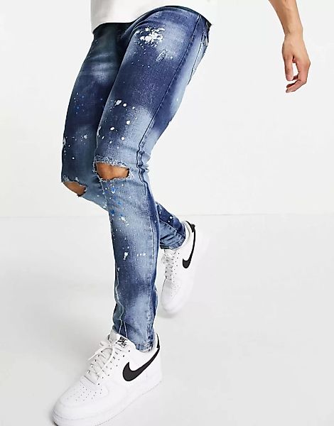 Good For Nothing – Enge Jeans mit Knierissen und Farbklecksen in Vintagebla günstig online kaufen