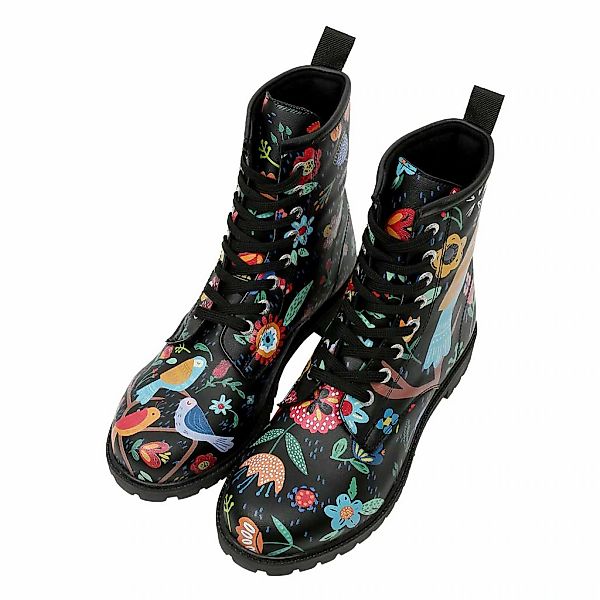DOGO Schnürboots "Long Boots Schnürstiefel Flower & Birds Black Damen" Hand günstig online kaufen
