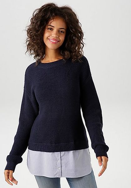 Aniston CASUAL Strickpullover, mit gestreiftem Bluseneinsatz am Saum günstig online kaufen