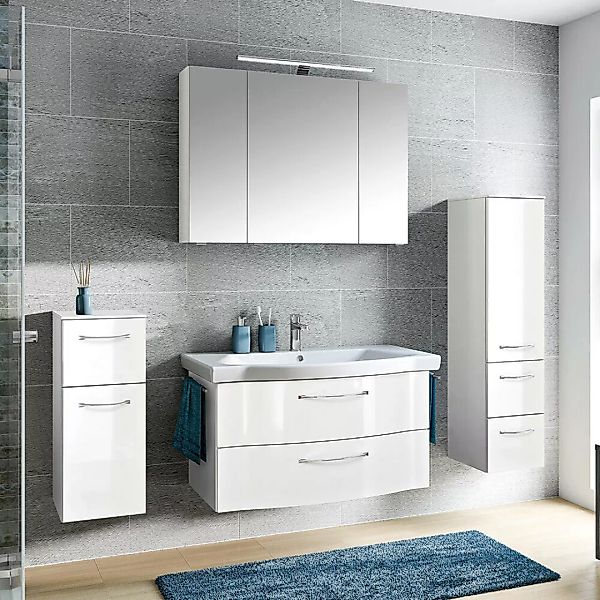 Badezimmer Komplett Set mit 97cm Waschtisch in weiß Hochglanz SOLINGEN-66, günstig online kaufen