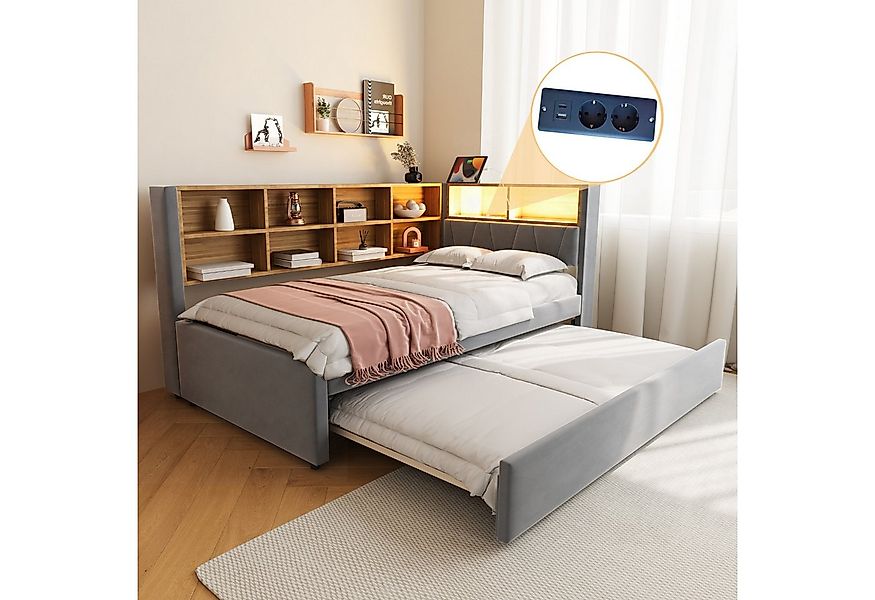 Flieks Daybett, Kinderbett Polsterbett 90x200cm mit LED Steckdose Ausziehbe günstig online kaufen